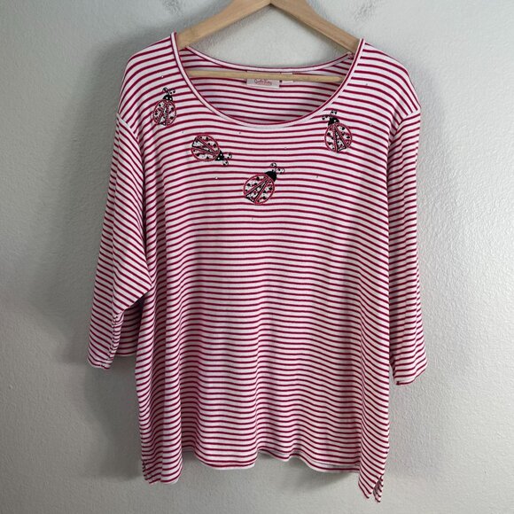 Quacker Factory Womens Plus 2X Red White Striped Ladybug Embroidered Top Shirt - Picture 8 of 10